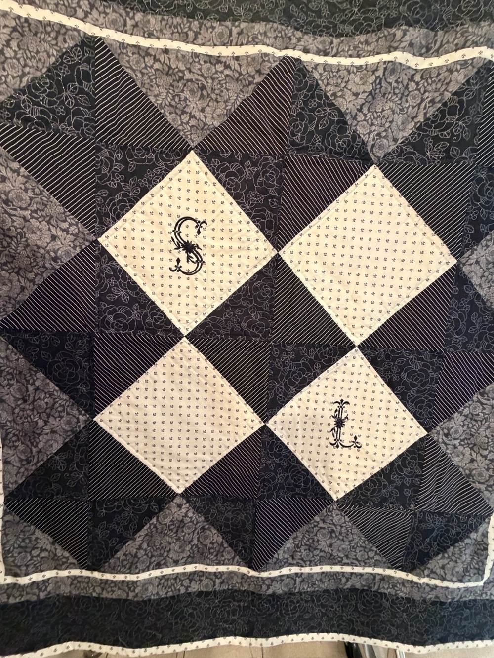 Black and Cream Handmade Patchwork Quilted monogrammed wall hanging